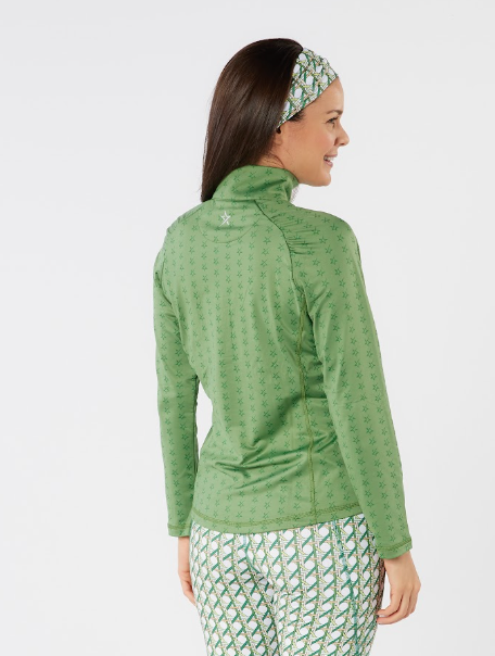 Sage green women’s quarter-zip golf pullover with subtle star print, shown from the back.