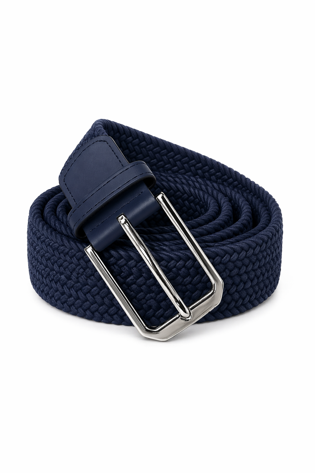 Navy blue woven belt with a silver buckle called the Starman Belt