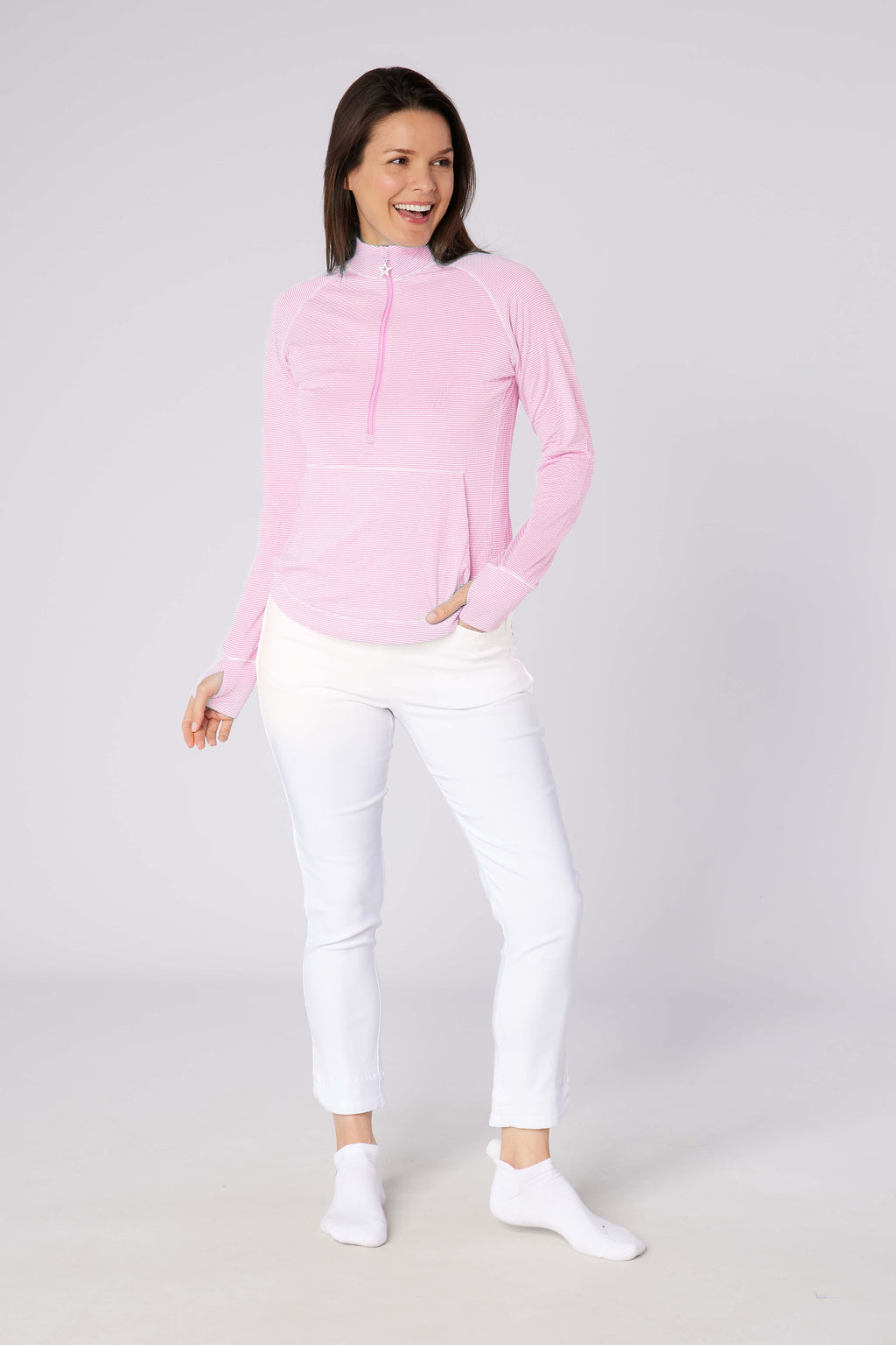 Lottie Stripe 1/4 Zip Super Pink & White
